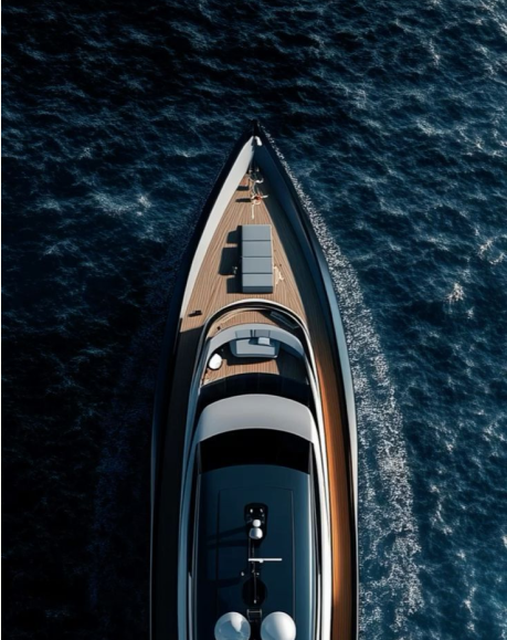 Aerial view of a luxury yacht cruising through deep blue water, showcasing its sleek design and sun deck as it approaches berthing at Mantaray Marina.